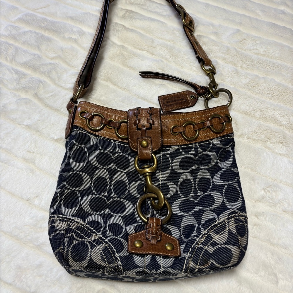 Coach Bue and Brown Denim and Leather Shoulder Bag with Signature Monogram